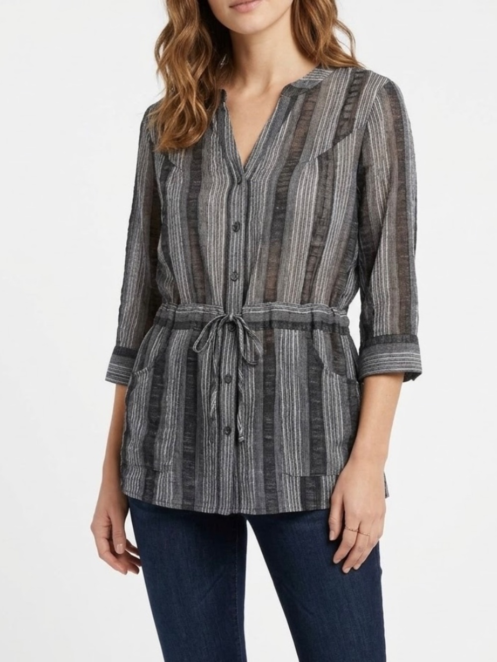 Flair Black Silver Striped Women's Button Down Sheer Blouse Shirt Tie Back Sz L